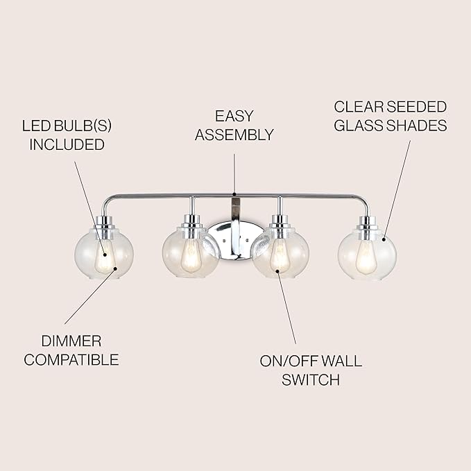 JONATHAN Y 36" Chrome Farmhouse LED Vanity Light Wall Sconce for Bathroom, Clear Seeded Glass Shade, Industrial Iron Indoor Fixture, LED Bulb Included (JYL7529B)
