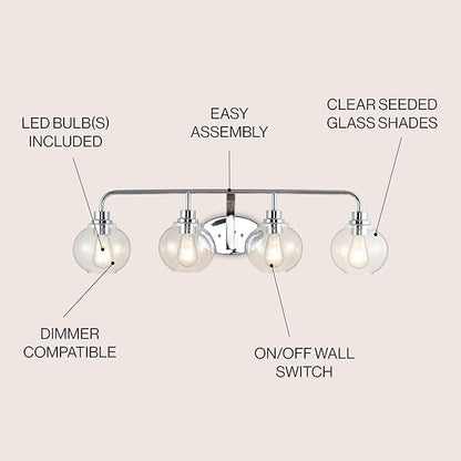 JONATHAN Y 36" Chrome Farmhouse LED Vanity Light Wall Sconce for Bathroom, Clear Seeded Glass Shade, Industrial Iron Indoor Fixture, LED Bulb Included (JYL7529B)