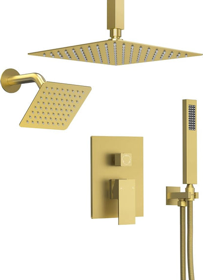 10" High-Pressure Rainfall Shower Faucet, Celling Mount Dual Shower Head System, Brushed Gold
