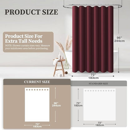 Extra Long Linen Textured Waterproof Shower Curtain, 72x96, Burgundy | Extra Tall Size, 230GSM Polyester, Heavy Duty Cloth, Weighted Hem, 12 Plastic Hooks, Modern Hotel Style, Machine Washable