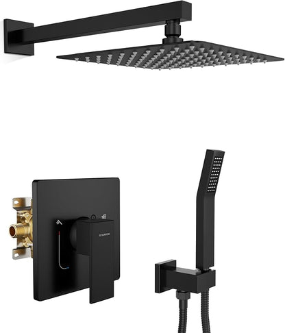 SR SUN RISE Shower System 10 Inch Rainfall Brass Valve Trim Kit Black | Wall-Mounted Rainfall Shower Set with Valve, Pressure Balance for Stable Temp, 304 Steel, Lead-Free Waterway, Leak-Resistant