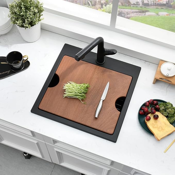 15x15 Black Drop In Bar Sink Workstation,Quartz Outdoor Rv Wet Bar | 15 Inch Single Bowl Small Drop In Kitchen Sinks with Cutting Board,Quartz Composite, Rust-Proof & Easy Clean