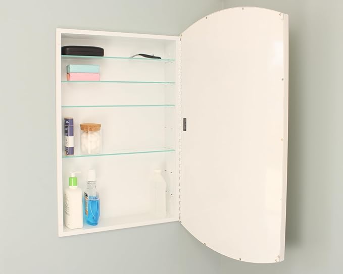 Fox Hollow Furnishings 20x30 Harper Crescent Metal Framed Rectangle Recessed Bathroom Medicine Cabinet, Arced Mirror, 14x18 in-Wall Opening, Adjustable Glass Shelves, Magnet Close, White