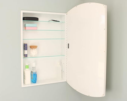 Fox Hollow Furnishings 20x30 Harper Crescent Metal Framed Rectangle Recessed Bathroom Medicine Cabinet, Arced Mirror, 14x18 in-Wall Opening, Adjustable Glass Shelves, Magnet Close, White