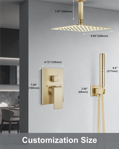 Aolemi Shower System with Rain Head and Handheld,10-Inch,Brushed Gold | High-Pressure Shower Faucet Set with Dual-Function Handheld,Rough-In Valve,1.8 GPM,Ceiling Mount Trim Kit