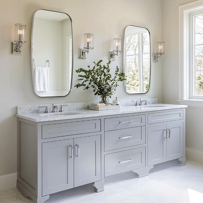 Brushed Nickel Bathroom Mirror, Large 24x36’’ Brushed Nickel Metal Framed Oblong Wall Mirror, Modern Nickel Oval Vanity Mirror