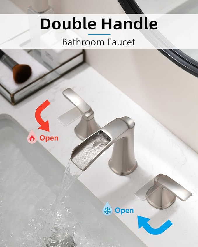 Fapully Brushed Nickel Bathroom Faucet 3 Hole, Waterfall 8 Inch Widespread Bathroom Sink Faucet with Pop-up Drain, Two-Handle Faucet for Bathroom Sink