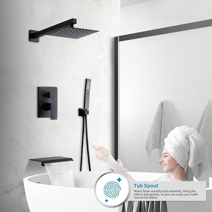 10 Inch Shower Faucet Set, Wall-Mounted Rainfall Shower System with High Pressure Handheld Shower Head, Bathroom Mixer Shower Set Rough-in Valve and Trim Kit, with Tub Spout, Black