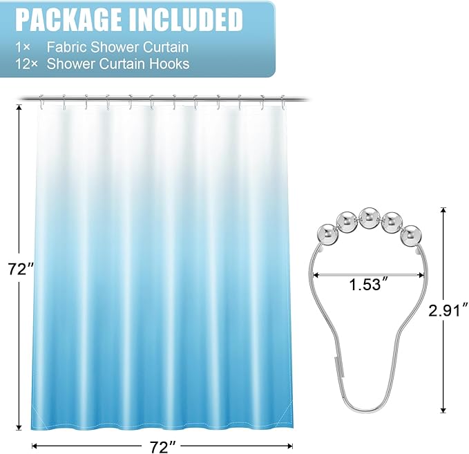 OLANLY Luxury Sky Blue and White Ombre Shower Curtain Sets with 12 Hooks, Waterproof and Washable Decorative Shower Curtains for Bathroom, 72x72 Inches
