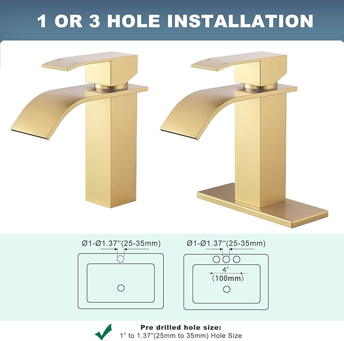 Brushed Gold Waterfall Bathroom Faucet - ARCORA Single Handle Bathroom Sink Faucet Mixer Tap Lavatory Vanity Sink Faucet with Deck Plate and Pop Up Drain, 1 or 3 Hole