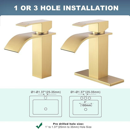Brushed Gold Waterfall Bathroom Faucet - ARCORA Single Handle Bathroom Sink Faucet Mixer Tap Lavatory Vanity Sink Faucet with Deck Plate and Pop Up Drain, 1 or 3 Hole