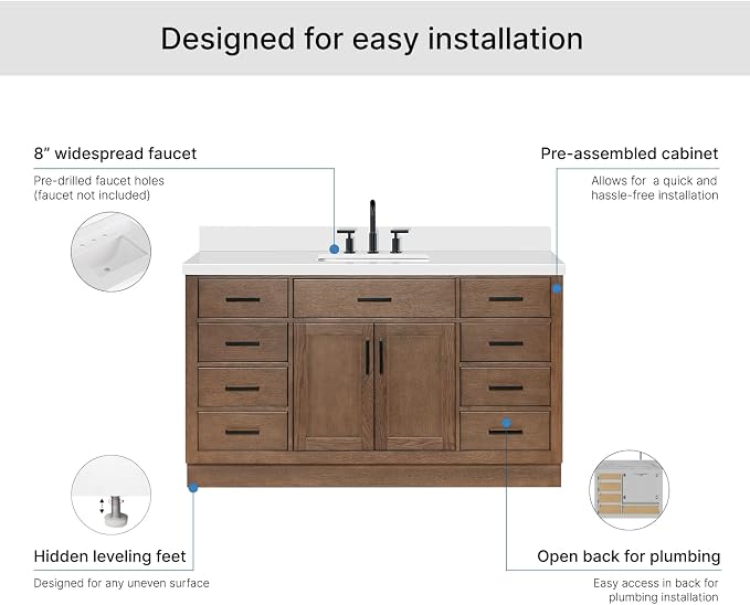 ARIEL Hepburn 60-inch Bathroom Vanity with Sink,Solid Wood, 1.5-inch Pure White Quartz Countertop, Single Rectangular Porcelain Sink, 2 Soft Closing Doors, 9 Dovetail Drawers, Brown Oak