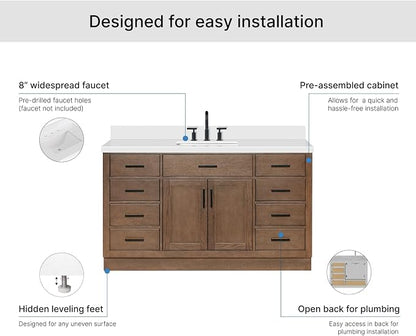 ARIEL Hepburn 60-inch Bathroom Vanity with Sink,Solid Wood, 1.5-inch Pure White Quartz Countertop, Single Rectangular Porcelain Sink, 2 Soft Closing Doors, 9 Dovetail Drawers, Brown Oak