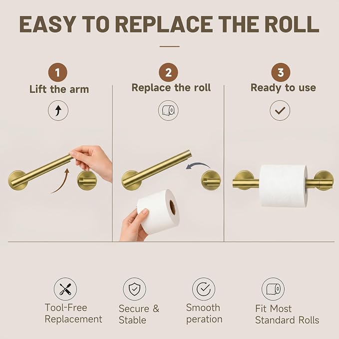 Toilet Paper Holder and Hand Towel Ring Bathroom Set | Brushed Gold,Stainless Steel,Wall Mount,Bathroom Accessories,Hand Towel Ring and Toilet Paper Holder Set,Easy to install