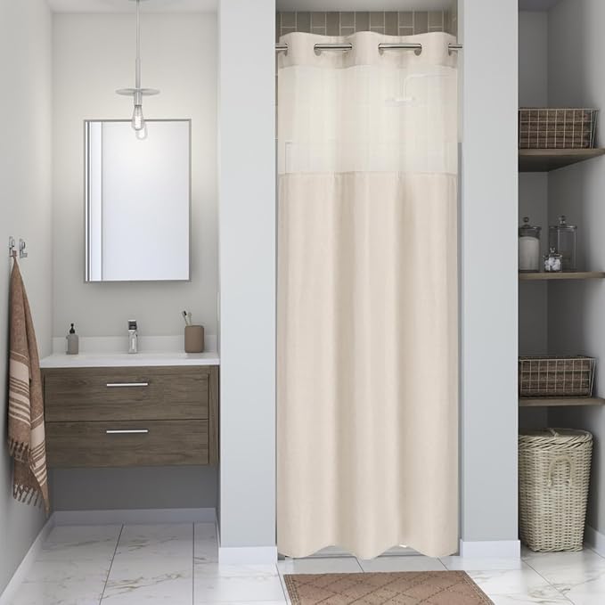 eachope No Hook Linen Texture Shower Curtain with Snap-in Liner,36x74 Cream | 230GSM Thick Fabric,Hotel Luxury Decor,Mesh Top Window,Waterproof & Machine Washable,for Shower Stall or Bathroom