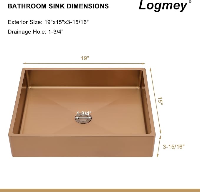 Logmey 19" Shallow Bathroom Vessel Sink 19x15 Rose Gold 16 Gauge Stainless Steel Handmade Above Counter Bathroom Sinks Rectangle Vessel Sink with Pop-up Drain Set