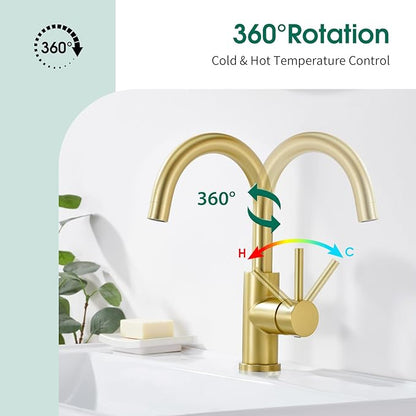 CREA Bar Sink Faucet Single Hole,Brushed Gold Faucets for Large Bathroom Basin/Small Kitchen Sink,Stainless Steel with Deck Plate,Prep Wet Bar Lavatory Vanity Outdoor