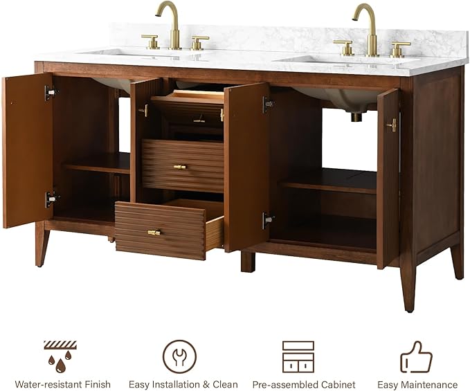 HOMEBEYOND 60" Bathroom Vanity with Double Sink, Solid Wood Bathroom Vanity Free-Standing Cabinet, Ceramic Top & Soft Closing Door, Golden Brushed Handware, Walnut