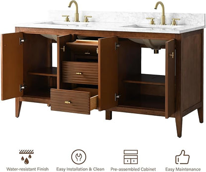 HOMEBEYOND 60" Bathroom Vanity with Double Sink, Solid Wood Bathroom Vanity Free-Standing Cabinet, Ceramic Top & Soft Closing Door, Golden Brushed Handware, Walnut