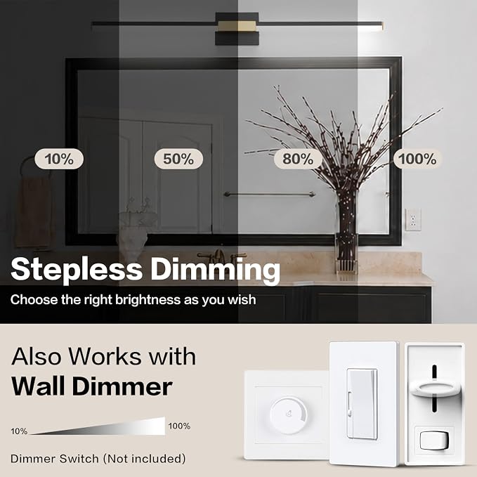SOLFART Vanity Lights for Bathroom 40-Inch: Black and Gold Dimmable Bathroom Light Fixtures Over Mirror, Built-in Dimmer, Thickened Aluminum Body, 360 Degree Rotation, ETL IP44