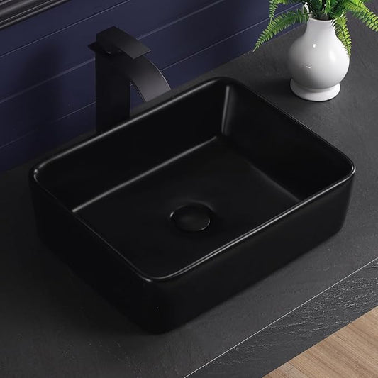 Vessel Sink 19"x15" Rectangular Bathroom Sink Modern Black Porcelain Ceramic Above Counter Drop-in Vanity Sink for Bathrooms Art Basin