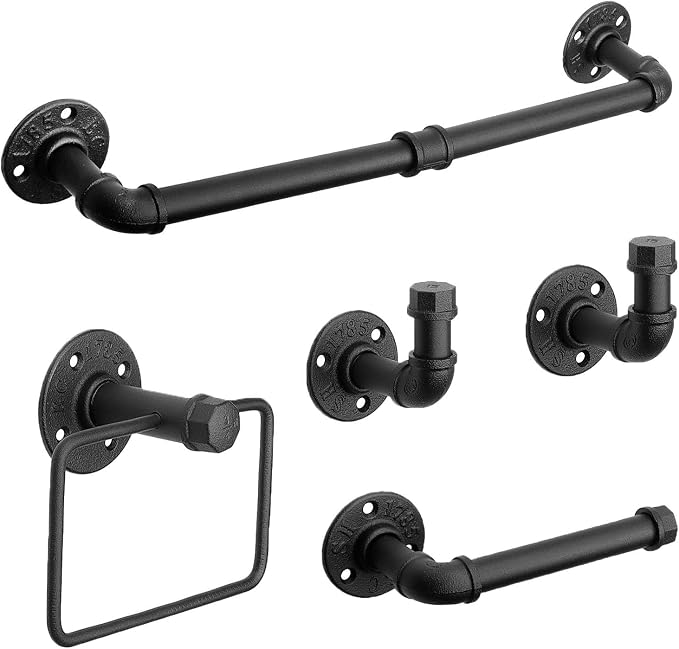 5-Pieces Industrial Pipe Bathroom Accessories Hardware Kit DIY Wall Mounted Includes Towel Bar Robe Hooks Toilet Paper Holder and Towel Ring (Black, 18 Inch)