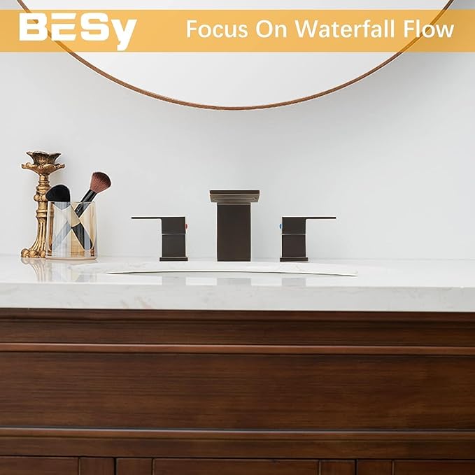 BESy Bronze Waterfall Bathroom Faucets 3 Hole Square 8 Inch Widespread Bathroom Sink Faucet Vanity 2 Handle Widespread for Restroom Sink with Pop Up Drain cUPC Supply Hose Oil Rubbed Bronze