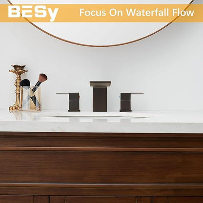 BESy Bronze Waterfall Bathroom Faucets 3 Hole Square 8 Inch Widespread Bathroom Sink Faucet Vanity 2 Handle Widespread for Restroom Sink with Pop Up Drain cUPC Supply Hose Oil Rubbed Bronze