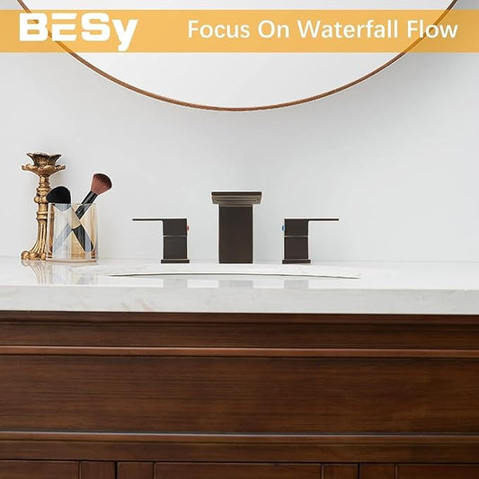 BESy Bronze Waterfall Bathroom Faucets 3 Hole Square 8 Inch Widespread Bathroom Sink Faucet Vanity 2 Handle Widespread for Restroom Sink with Pop Up Drain cUPC Supply Hose Oil Rubbed Bronze