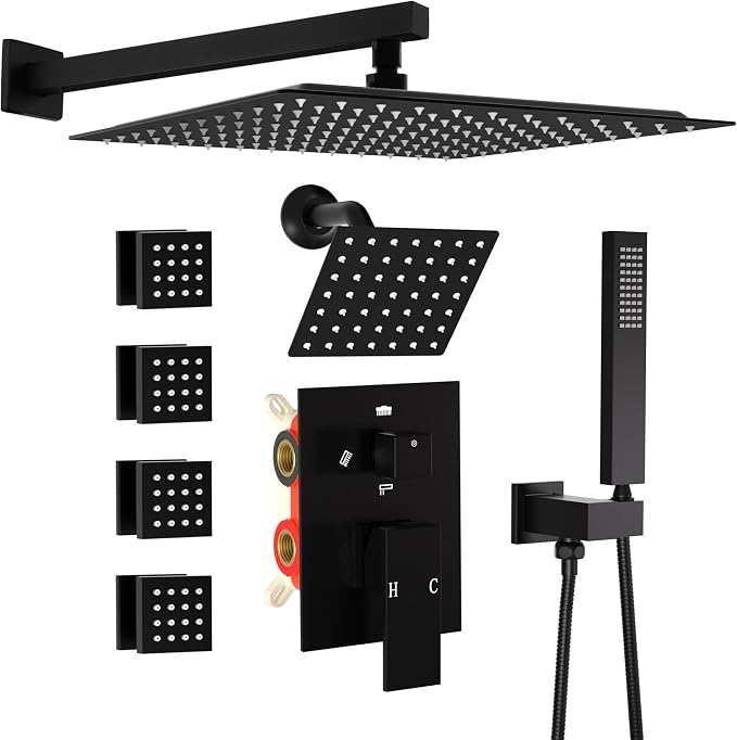 Enga Dual Shower Head System with Body Jets, 12"+ 6" Wall Mounted Dual Rain Shower Faucet with Valve Kit, Matte Black