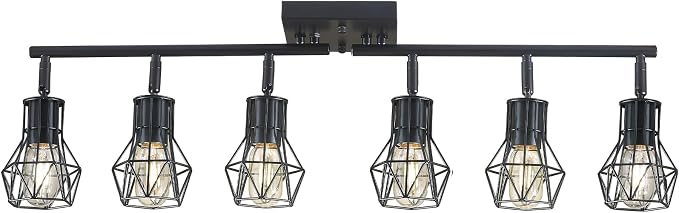 Matte Black Ceiling Mount Track Lighting 6-Light E26 for Kitchen | Matte Black 6-Light Farmhouse Track Lighting, Metal Cage, Adjustable Heads, E26 Base for Kitchen Bathroom Living Room