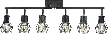 Matte Black Ceiling Mount Track Lighting 6-Light E26 for Kitchen | Matte Black 6-Light Farmhouse Track Lighting, Metal Cage, Adjustable Heads, E26 Base for Kitchen Bathroom Living Room