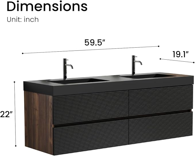 60" Pre-Assembled Floating Vanity with Double Sink, Walnut+Black | Modern Floating Double Sink Bathroom Vanity with Integrated Black Engineered Stone Top & Soft-Closing Drawers