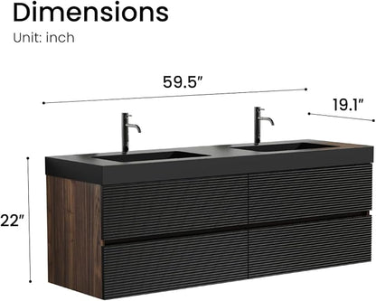 60" Pre-Assembled Floating Vanity with Double Sink, Walnut+Black | Modern Floating Double Sink Bathroom Vanity with Integrated Black Engineered Stone Top & Soft-Closing Drawers