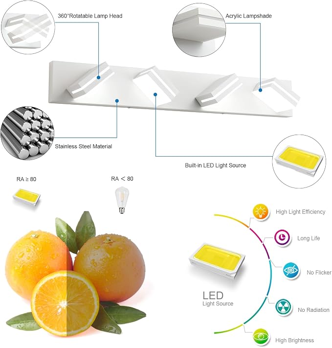SineRise LED Modern Bathroom Vanity Light Fixtures, Modern Acrylic Bathroom Wall Lighting Fixtures Over Mirror, 4-Light, 30-Inch, White, 100%-0% White