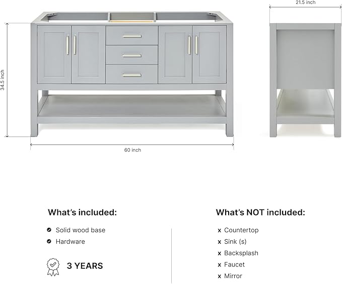 ARIEL Magnolia 60-inch Bathroom Vanity Base Cabinet,Solid Wood, 4 Soft Closing Doors, 3 Dovetail Drawers, Brushed Nickel, Grey