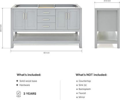 ARIEL Magnolia 60-inch Bathroom Vanity Base Cabinet,Solid Wood, 4 Soft Closing Doors, 3 Dovetail Drawers, Brushed Nickel, Grey