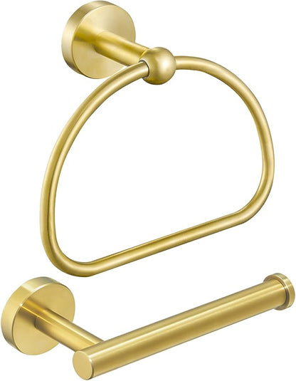 Leyden Toilet Paper Holder Towel Ring Brushed Gold Bathroom Hardware Hand Towel Holder Bathroom Accessories Set Wall Mount Stainless Steel 2 Pieces