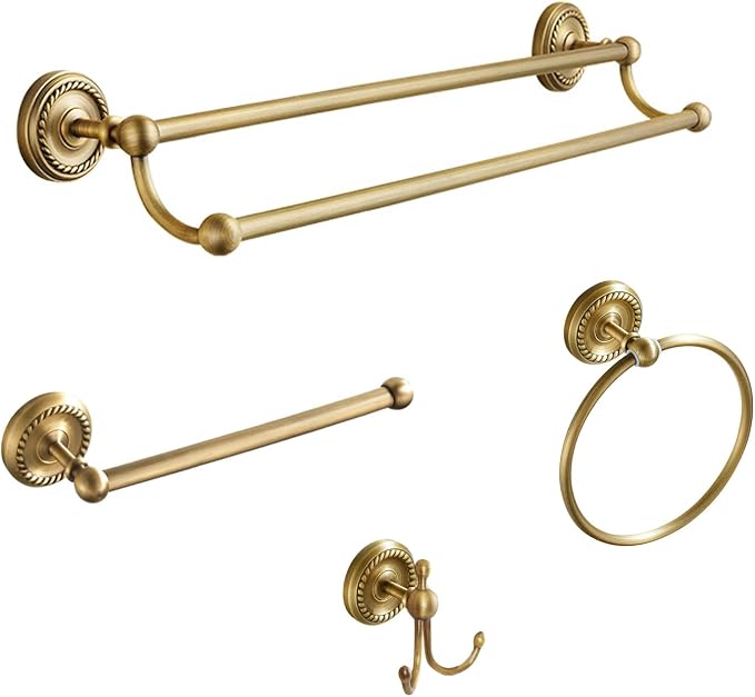 4 Piece Antique Brass Gold Bathroom Accessories Set - 24” Towel Holder, Antique Bar Brass Bath Accessories - Wall Mounted Bathroom Hardware Accessory Set