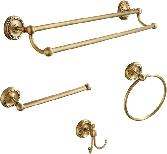 4 Piece Antique Brass Gold Bathroom Accessories Set - 24” Towel Holder, Antique Bar Brass Bath Accessories - Wall Mounted Bathroom Hardware Accessory Set