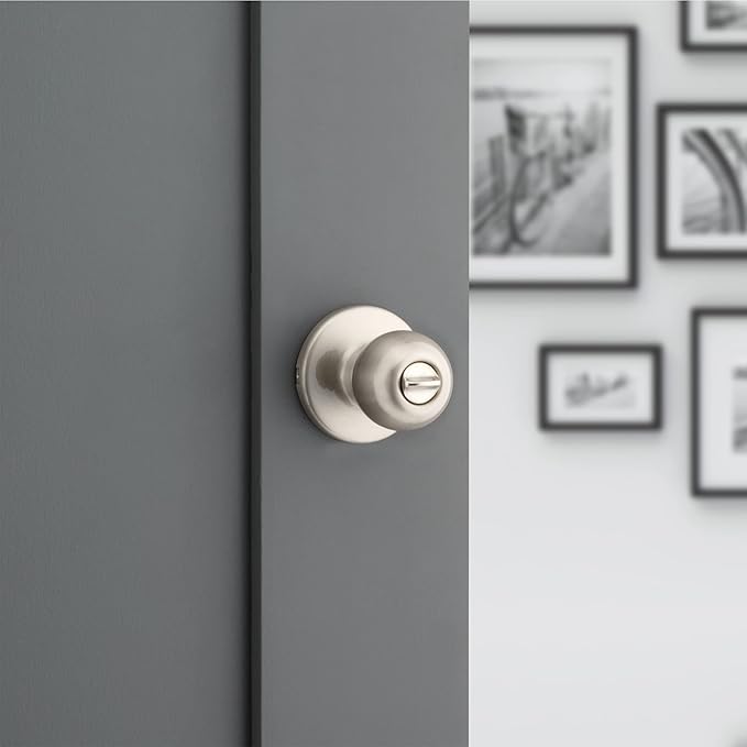 Kwikset Polo Interior Privacy Door Knob with Lock, Door Handle For Bathroom and Bedroom, Satin Nickel Keyless Turn Lock Doorknob, with Microban Protection