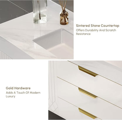 Bathroom Vanity with Sink, Modern Bathroom Vanity with Faux Marble Top, Gold Hardware & Soft-Close Drawers for Bathroom Storage (35.4 Inch, White, Single Sink & Freestanding)