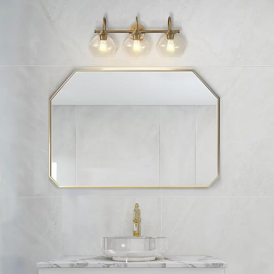 Globe Electric 63000103 26" 3-Light Vanity Fixture, Brass Finish, Clear Glass Shades, Beauty Room Accessories, Bathroom Lighting Over Mirror, Makeup Lights, Wall Light, Home Essentials, House Décor