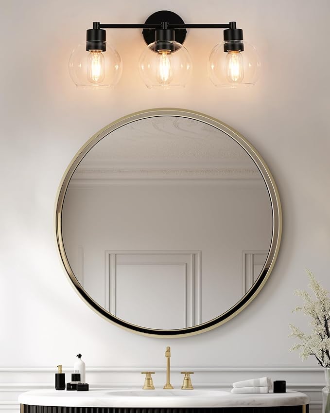 WILON Black Bathroom Light Fixtures Over Mirror, 3-Light Bathroom Vanity Light with Clear Glass Shades, Farmhouse Bath Sconce Wall Lamp with E26 Base, Wall Sconces for Bedroom, Hallway