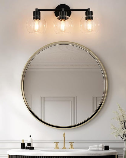 WILON Black Bathroom Light Fixtures Over Mirror, 3-Light Bathroom Vanity Light with Clear Glass Shades, Farmhouse Bath Sconce Wall Lamp with E26 Base, Wall Sconces for Bedroom, Hallway