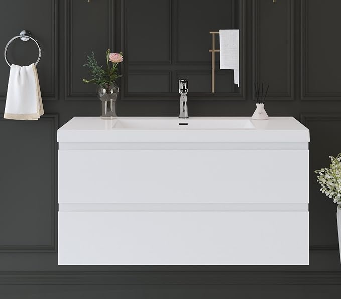 42" Floating Bathroom Vanity Sink, Glossy White | Storage Cabinet Wall Mounted Cabinet, Solid Surface Basin, Soft Close Drawers, Fully Assembled