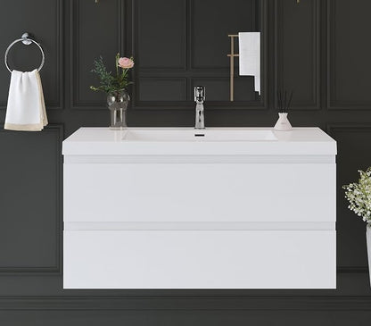 42" Floating Bathroom Vanity Sink, Glossy White | Storage Cabinet Wall Mounted Cabinet, Solid Surface Basin, Soft Close Drawers, Fully Assembled