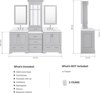 ARIEL Stafford 84-inch Bathroom Vanity with Sink,Solid Wood, 1.5-inch Carrara White Quartz Countertop & Backsplash, Double Oval Porcelain Sink, 5 Soft Closing Doors, 6 Dovetail Drawers, Grey