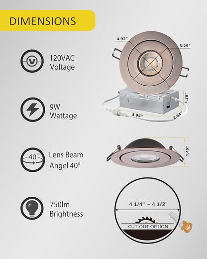 Recessed Lights 4 Inch, Oil Rubbed Bronze Gimbal Downlight with 360° Rotation to Highlight Artwork and Create Accent Lighting in Living Room or Kitchen 6 Pack