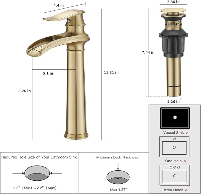 BWE Bathroom Vessel Sink Faucet Waterfall Spout Single Handle One Hole Solid Brass Deck Mount Brushed Gold Lavatory Mixer Tap Lavatory Vanity Sink Faucet with Pop Up Drain